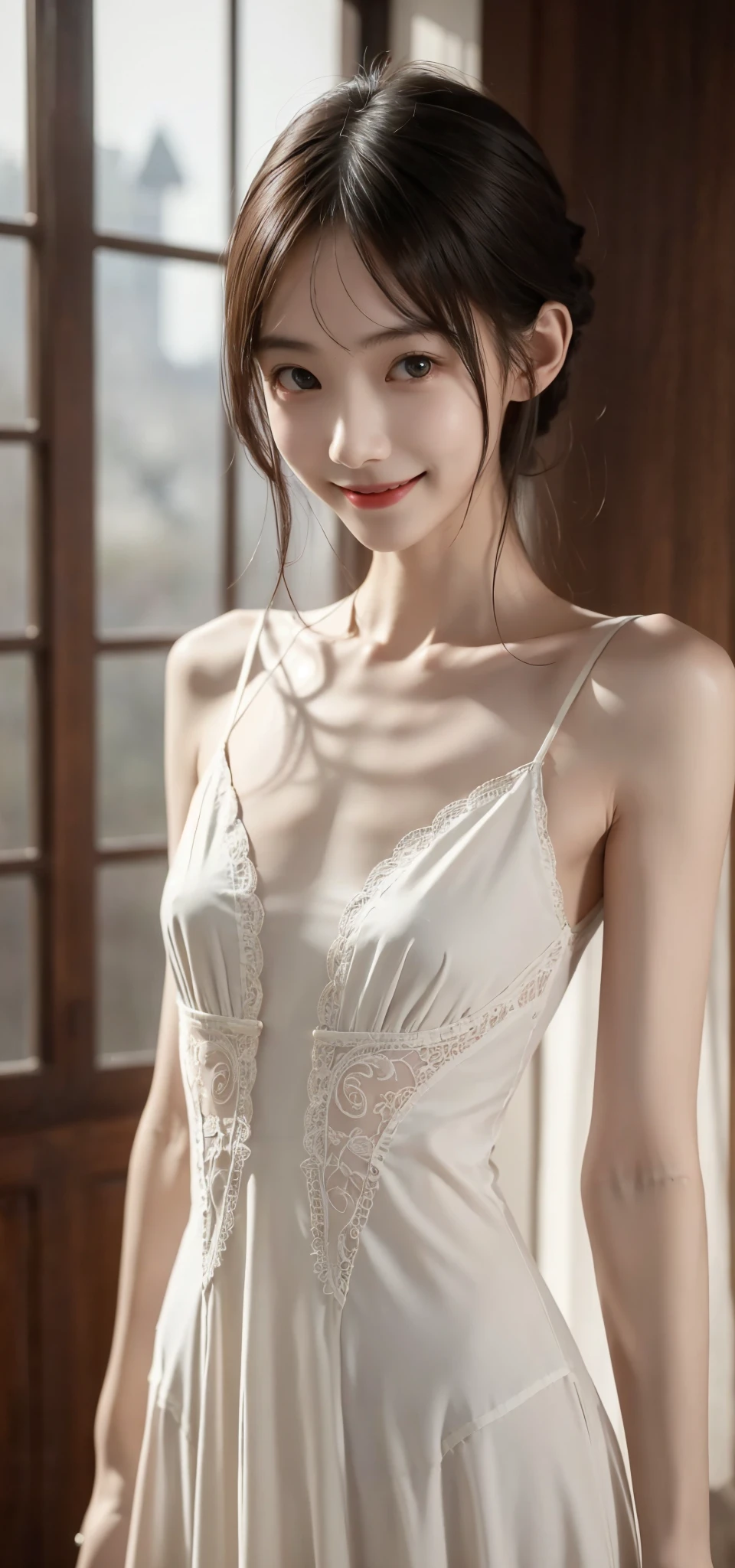 Thin arms,Narrow shoulders,delicate, very skinny ,公式art,  Unity 8k Wallpaper,  super detailed, beautiful, beautiful, masterpiece,  best quality, Darkness,  vibe, mystery, Romanticism, Creepy, literature, art, fashion,  victorian , race,  supernatural ,smile, white skin