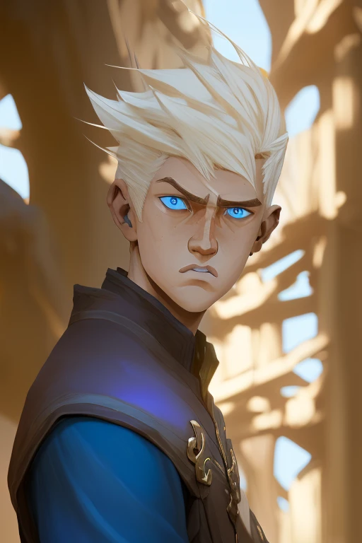 Boy,  blond hair ,  blue eyes, Arcane series style , deep color,  detailed , Kind, calm look,  medium length hair , Arcane series,  golden hair