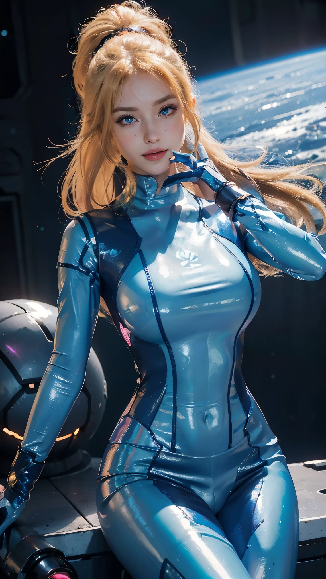 Samus aran,(best qualityer,4K,8k,high resolution,work of art:1.2)(weather: space), spaceship background, spaceship corridor, freckles, mechanical armor, long sleeve bodysuit, boots, gloves, neon lights embroidered, boots, eyeliner, straight hair, blonde hair, long ponytail, ultra detailed, realistic,portraite,beautiful detailed blue eyes, glowing eyes,blush,beautiful detailed lips,extremely detailed eye and face, long eyelashes,sexly,average, large breasts,beaming smile, flirty smile,powerful girl, heroic pose, stunning curves,bright coloured,dramatic lighting,