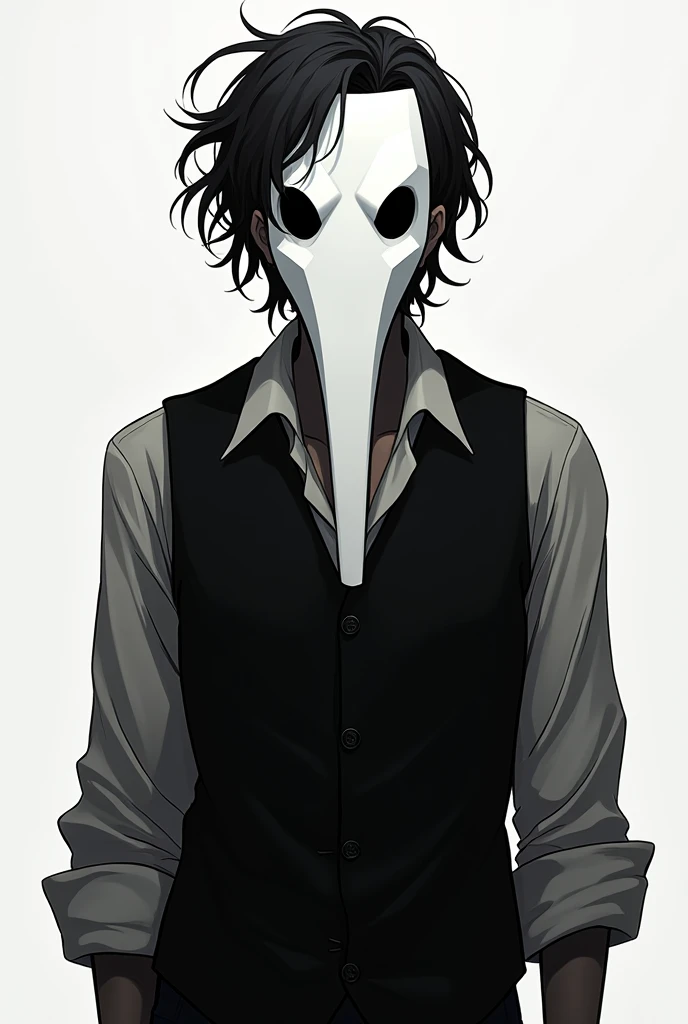 masterpiece, best quality, portrait, solo, 1man, the man is of medium height, the man is of medium height, muscular man, about 20 years old, black clothes, jacket, white shirt under the jacket. There are threads in his hands, a mask on his face hiding half of his face, a puppeteer, brown hair, green eyes