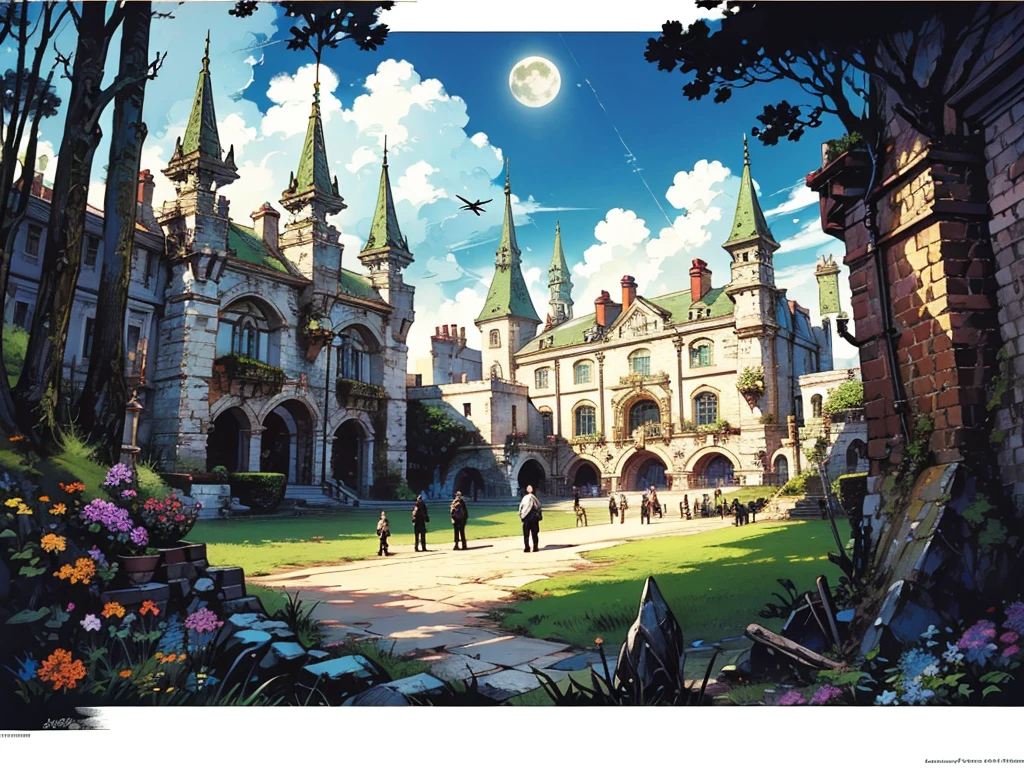 (((comic book))),( best quality :1.2, absurd,Realistic, detailed),Landscape only,Castle in the sky with the full moon in the background,Landscape only, detailed背景,Landscape only,Front View,Landscape only、Bravely Default: Flying Fairy, Bravely Default \(series\), Nier,  Final Fantasy, ソードart、CD　 jacket　art、 (((フラットart))),( best quality :1.2, absurd,Realistic), detailed背景,,Bravely Default: Flying Fairy, Bravely Default \(series\), Nier,  Final Fantasy, CD　 jacket　art、Priest、 ,Skinny and small chested, ,( best quality)),(  ultra high resolution ),(Ultra-detailed),( detailed depiction),(( best anime )),( Best Artwork ),Sharpness,,超精密なart, A very beautiful ancient castle towering over huge clouds in the center of the image,  there is a huge city with blue sky and white clouds in the background,  best quality,  beautiful image ,  Extreme Details, masterpiece, , (middle ages):1.1, (storm):1.4, (thunder):1.3, (rain):1.2, (((comic book))),(((comic book))),