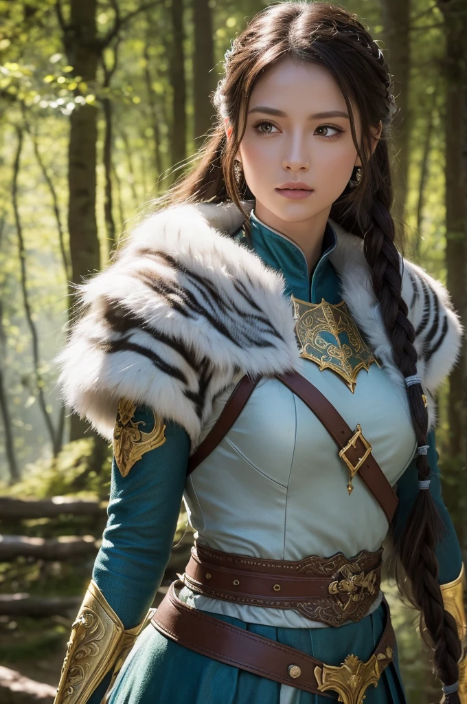 (((perfect young minami hamabe)))(Ultra-High-Definition)(masterpiece)(textured skin)(Very detailed)(good quality)(最good quality)(first-person perspective) (16K )(dramatic perspective),upper body,smile, suede armor, ranger, lord of rings style, fantasy forest,Woman like a model, uhd, masterpiece, trending on artstaion, intricate detailes, award winning foto, cinematic, earrings,