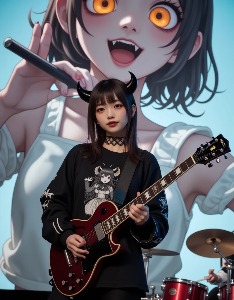 She is wearing a Tee with a large print of her favorite cute black devil girl, ultra-realistic, photorealistic, dramatic scene, shadow, global-illumination, solo, (20 years old Japanese famous idol girl but punk rock guitarist:1.5), very beautiful but cool Japanese girl, very beautiful cute but boyish cool face, she is wearing punk rock outfits with very realistic smiled Chibi-anime-devil-black-girl printed Tee, the chibi-anime-devil-black-girl that printed on her Tee is 1girl\(dark black devil,cute,big eyes,large circle eyes,black skin,evil smile,long nail,orange eyes, vivid orange eyes, dark black skin, looking down,wearing capelet\(big,long,Tattered\), backlit,full body\), she is wearing accessories, leather choker, leather jacket, she is playing the guitar at the stage of the rock concert, the drummer girl is playing the drum behind her, The giant screen behind her shows a cute Devil Girl that matches her T-shirt, spot lighting, professional lighting, 