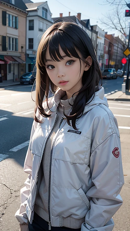 (Hyper-realistic) , (illustratio), (Increase the resolution), (8K), （RAW photos，best qualtiy），（realisticlying，photograph realistic：1.3），best qualtiy，highly  detailed，tmasterpiece，Hyper-detailing，one-girl，Stylish sweatshirt, Windbreaker long skirt，Poster on the front，The color of the clothes is bright and simple，cinematic ligh、ultra-realistic realism、Soft light、Deep field focus bokeh、with short black hair，White skin，famousartwork，s the perfect face，beauitful face，beautidful eyes，（（Perfect female body））Cute, Very aesthetic，Realistic style anime，ssmile，self-assured，Put your hands in your pockets，tmasterpiece，ultraclear，8K，HighestQuali，