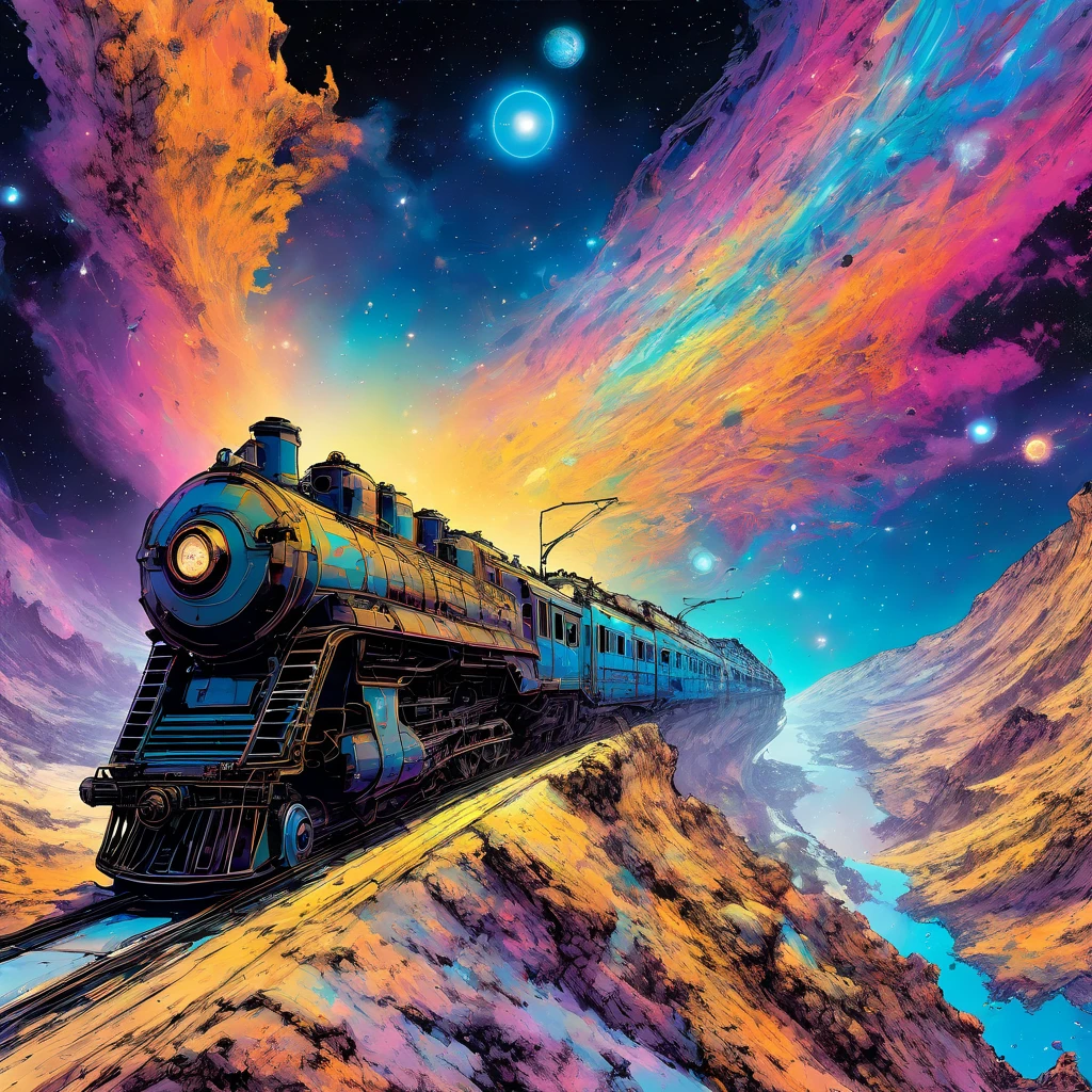 A future train emerges from a nebula. Jean-Claude Mézières art, Time-Traveling Train, "The Mystery of the Abyss",  "Lone Sloane", Spatio-Temporal Agent, Valerian and Laureline in the World of hallucinations. highly detailed, intricate mechanisms, A future train running through a surreal and fantasy galactic landscape, A unique floating sensation, Colorful Nebula, dramatic shadows, vibrant colors, hatching, Hatching Techniques, Underground comix. ink art, rainbow highlights, Influenced by classic literary science fiction, mixes space opera with time travel plots, underpinned by the vivid drawings of Jean-Claude Mézières