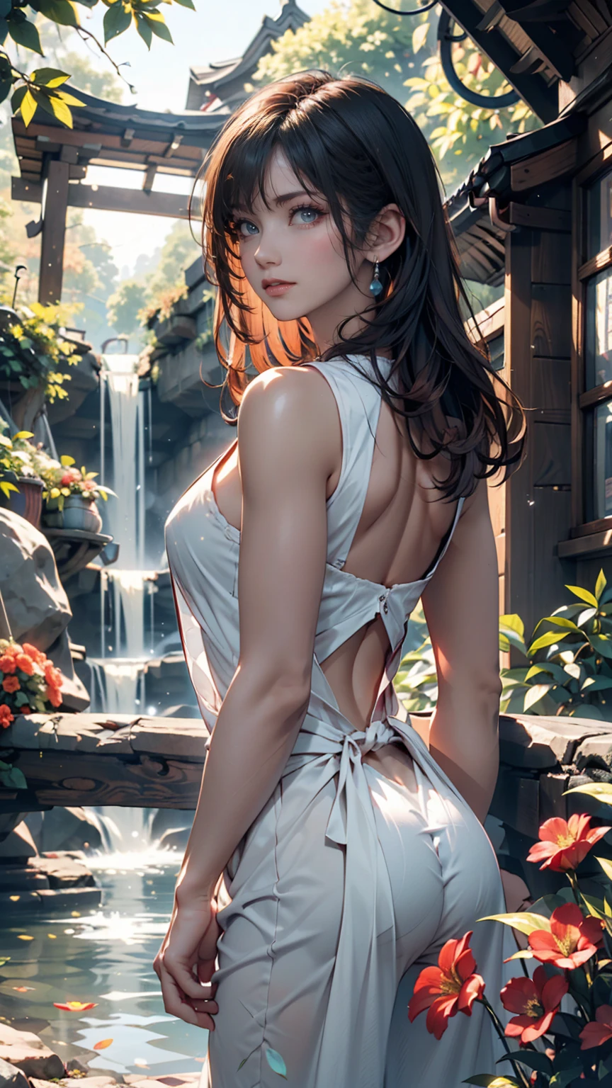 Nudity, Bare chest, No Top, (HD: 1.2), (Best Quality: 1.2), (8K: 1.2), (Underground scattering: 1.1), beautiful face, beautiful eyes, Goddess of butterflies, long black hair, small flower hair ornament, large butterfly wings spread on her back, wings with vibrant colors, light dress adorned with intricate flower and butterfly embroidery, pendant with butterfly motif, earrings with butterfly motif, A beautiful garden overflowing with flowers, a scene of butterflies dancing, a pond within the garden, flowers blooming by the water's edge, gentle light filtering through the trees.