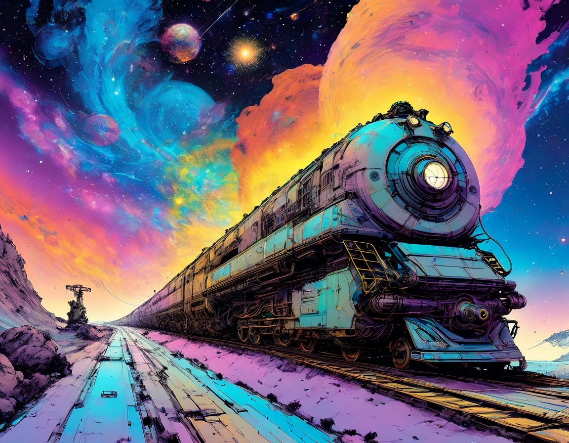 A future train emerges from a nebula. Jean-Claude Mézières art, Time-Traveling Train, "The Mystery of the Abyss",  "Lone Sloane", Spatio-Temporal Agent, Valerian and Laureline in the World of hallucinations. highly detailed, intricate mechanisms, A future train running through a surreal and fantasy galactic landscape, A unique floating sensation, Colorful Nebula, dramatic shadows, vibrant colors, hatching, Hatching Techniques, Underground comix. ink art, rainbow highlights, Influenced by classic literary science fiction, mixes space opera with time travel plots, underpinned by the vivid drawings of Jean-Claude Mézières