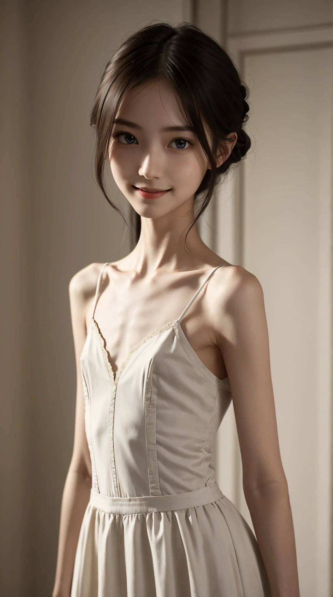 Thin arms,Narrow shoulders,delicate, very skinny ,公式art,  Unity 8k Wallpaper,  super detailed, beautiful, beautiful, masterpiece,  best quality, Darkness,  vibe, mystery, Romanticism, Creepy, literature, art, fashion,  victorian , race,  supernatural ,smile, white skin