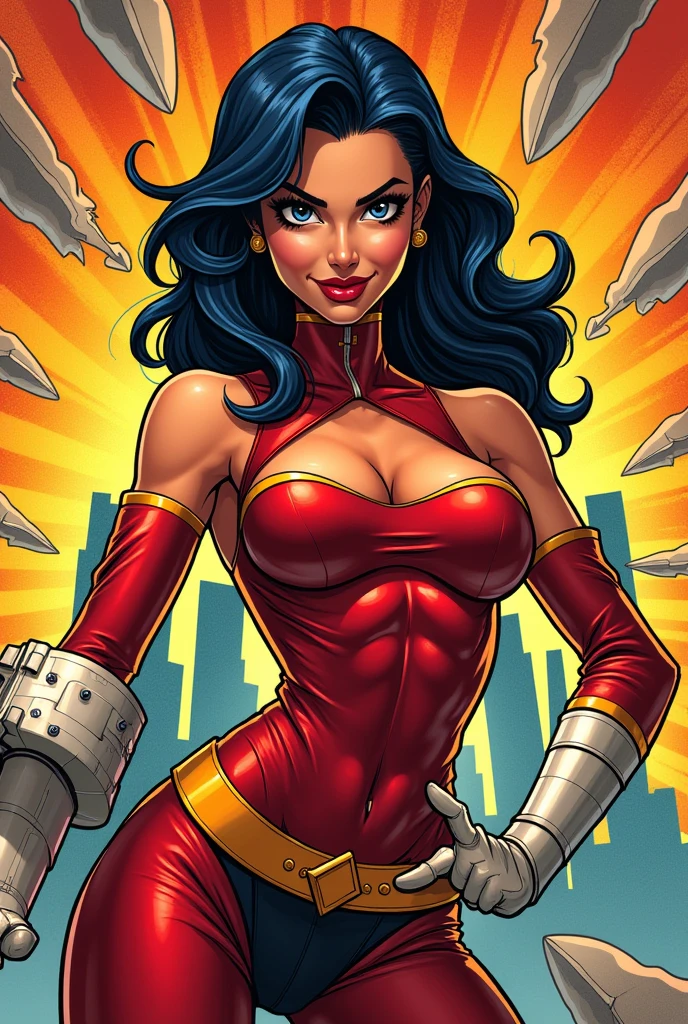 red spiky hair, beautiful woman, wide hips, cleavage, jumpsuit, leotard, heavy boots, soviet propaganda