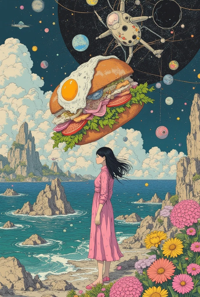 A large expanse of water in space, beautiful landscape. very beautiful gigantic huge realistic Banh mi op la. photogenic. focus Banh mi op la,close up gigantic Banh mi op la. Woman wearing beautiful ao-dai,Vietnamese Decoration