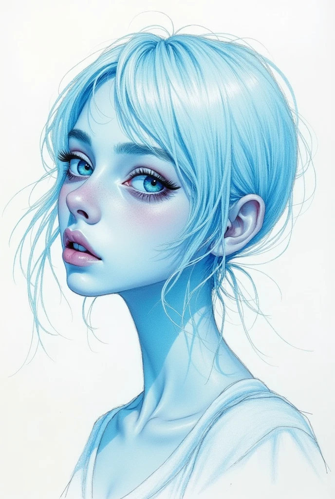 girl drawn with pale blue colored pencils, slightly unusual touch, rough sketch, creative art, BREAK masterpiece, best quality, very aesthetic, absurdres, newest and recent, very aesthetic