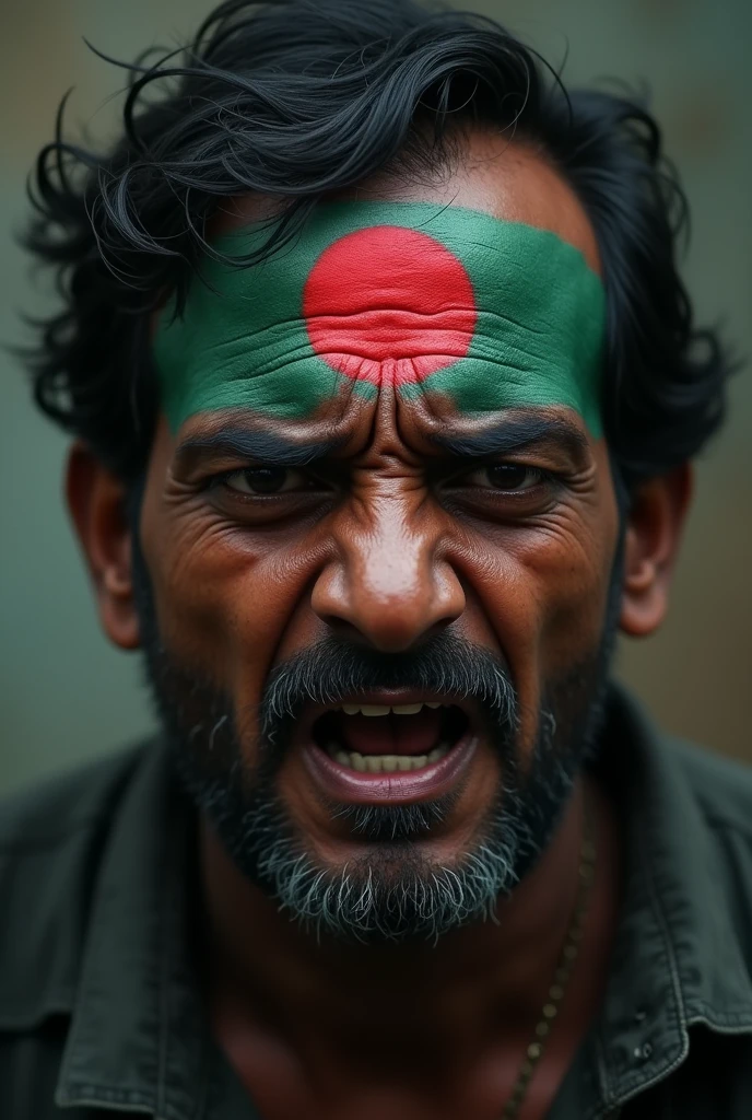 A man who have Bangladesh Flag And he wear Green T shirt and red pant His face reaction is angry mode