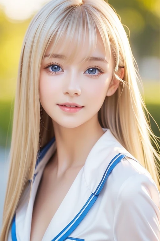  portrait、 cheerleader uniform、 open shirt 、 Gentle Expression 、young、 shiny、radiant white shiny skin 、Ultimate beauty、The ultimate beauty、The most beautiful bright 、 beautiful platinum blonde hair jumping back、 super long silky straight hair、 cleavage、 shiny、Beautiful bangs、big、 very bright sparkling light blue eyes 、 transparent and charming very beautiful very adorable cute  baby faced girl、 Sufficient Bust 、The beauty of a small face、Round face、bangs、Bangs between the eyes、 very long hair 、 hair to hide one eye、 Shiny hair、 straight hair、Eye hair、 too much hair 、