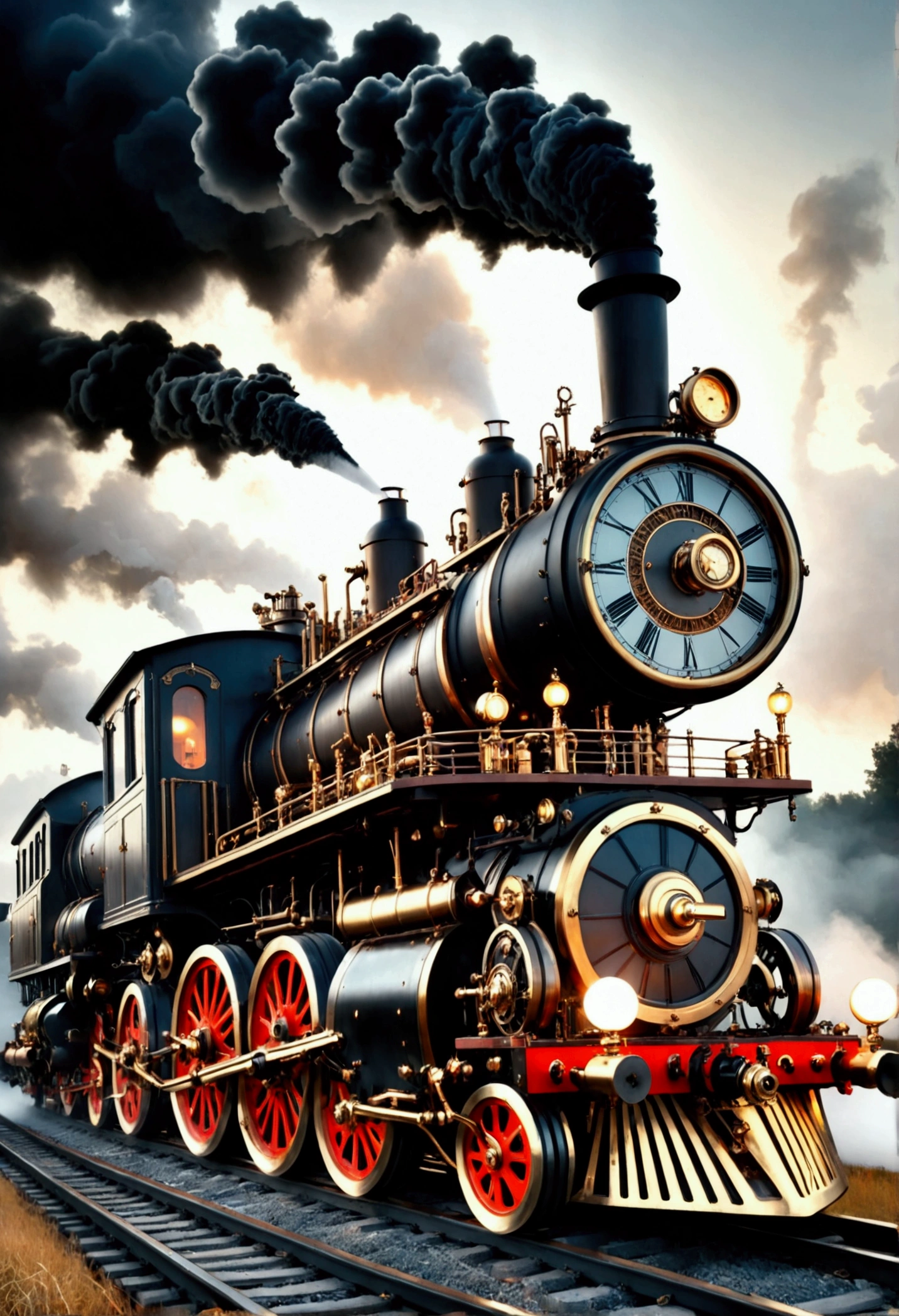 (((maximum quality , photorealism ,UHD,HDR,16k,best photo )))  huge Steampunk steam locomotive  ,( x} an incredible steam locomotive turned into a time machine ,((  mass of hydraulic hoses ,mechanisms , wires , unknown aggregates ,  potusorronian kind of ,  mechanical engineering time machine built from a steam locomotive )),  incredibly fantastic view ), stands on old rails in the middle of endless fields ,  behind it, the rails are red and smoking , the air around the locomotive is electrified and sparkles )),  photorealism ,quality, ((( behind, futoristic ,  is moving along rails from light through the universe )))) , ((( steampunk the time engine moves with the wagons through the universe,through a portal in the universe )))