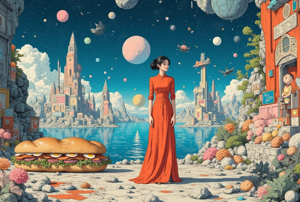 A large expanse of water in space, beautiful landscape. very beautiful gigantic huge realistic Banh mi op la. photogenic. focus Banh mi op la,close up gigantic Banh mi op la. Woman wearing beautiful ao-dai,Vietnamese Decoration