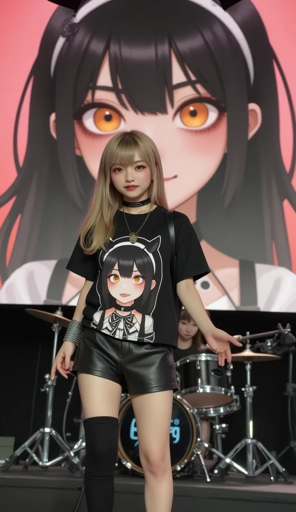 She is wearing a Tee with a large print of her favorite cute black devil girl, ultra-realistic, photorealistic, dramatic scene, shadow, global-illumination, solo, (20 years old Japanese famous idol girl but punk rock guitarist:1.5), very beautiful but cool Japanese girl, very beautiful cute but boyish cool face, she is wearing punk rock outfits with very realistic smiled Chibi-anime-devil-black-girl printed Tee, the chibi-anime-devil-black-girl that printed on her Tee is 1girl\(dark black devil,cute,big eyes,large circle eyes,black skin,evil smile,long nail,orange eyes, vivid orange eyes, dark black skin, looking down,wearing capelet\(big,long,Tattered\), backlit,full body\), she is wearing accessories, leather choker, leather jacket, she is playing the guitar at the stage of the rock concert, the drummer girl is playing the drum behind her, The giant screen behind her shows a cute Devil Girl that matches her T-shirt, spot lighting, professional lighting, 