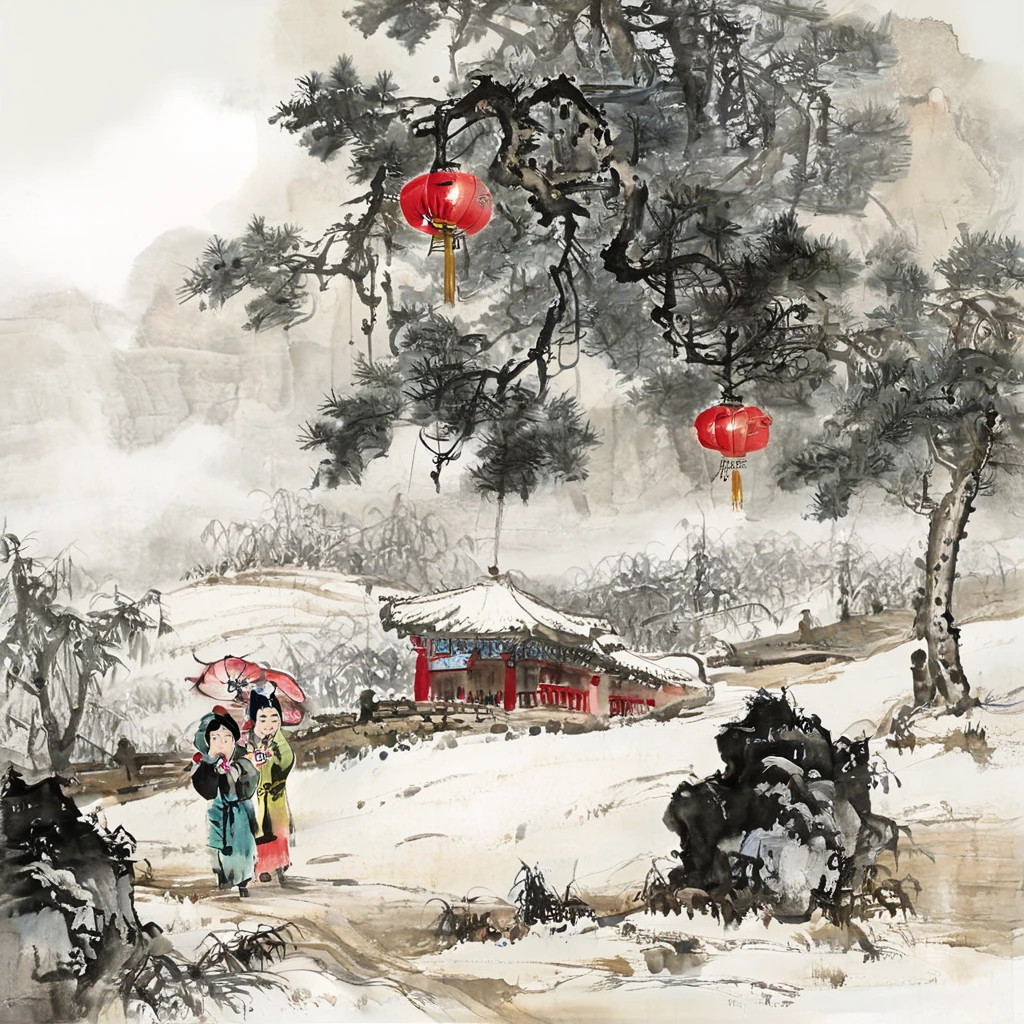 surrealist art Chinese painting,Ink Painting，ink wash painting，ink water， Happy New Year scene in rural northern China ， 3 people are installing a row of red lanterns ， adding a festive atmosphere 。 There are 2 people walking by the side of the road with umbrellas ， There are 3 children in colorful costumes playing under the red lanterns， Strong New Year atmosphere 。 The background is thick fog enveloping a big tree ，Dense branches ， and thick frost ,Snowy， traditional Chinese brushwork ， official art ，（ Large areas of white ，One-third composition ：1：3），羊皮纸水彩Ink Painting，Minimalism，Beige gray ，Rice paper texture， Very high resolution details, Extremely Realistic ,Fine texture, Incredibly realistic 