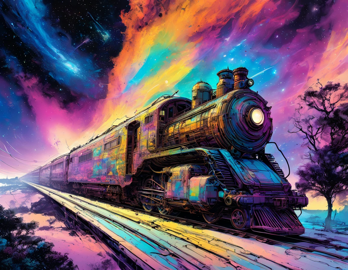 A future train emerges from a nebula. Jean-Claude Mézières art, Time-Traveling Train, "The Mystery of the Abyss",  "Lone Sloane", Spatio-Temporal Agent, Valerian and Laureline in the World of hallucinations. highly detailed, intricate mechanisms, A future train running through a surreal and fantasy galactic landscape, A unique floating sensation, Colorful Nebula, dramatic shadows, vibrant colors, hatching, Hatching Techniques, bande dessinée. ink art, rainbow highlights, Influenced by classic literary science fiction, mixes space opera with time travel plots, underpinned by the vivid drawings of Jean-Claude Mézières, "visually stunning backgrounds: complex architecture, futuristic machines, otherworldly landscapes"