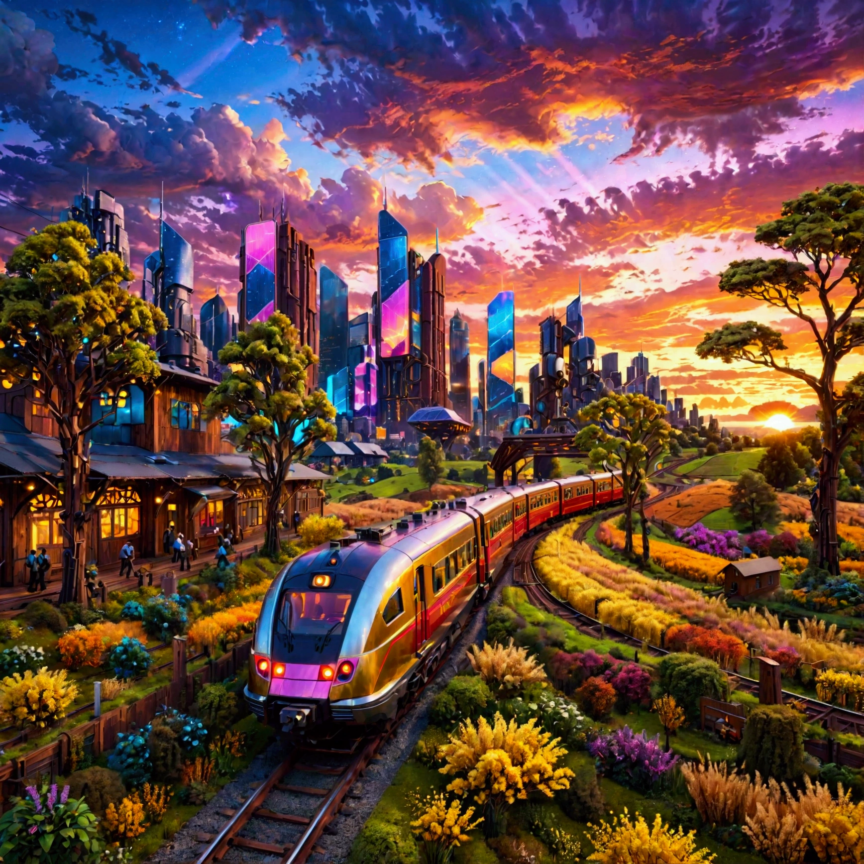 Retro-style square form train, a captivating scene of a retro-style wooden train on rural tracks heading toward a futuristic, cyber-inspired city. The train, reminiscent of a bygone era, features vintage designs like wood, rivets, and warm, wooden interiors. The countryside around the tracks is lush and serene, with golden fields and scattered trees under a soft, glowing sunset. In contrast, the horizon reveals a sprawling cyberpunk city with towering skyscrapers, glowing neon lights, and holographic displays. The juxtaposition of the nostalgic rural train and the vibrant, tech-driven city creates a sense of time-traveling transition, blending the charm of the past with the allure of the future, (retro train, rural tracks, futuristic city, cyberpunk skyline, wooden interiors, glowing neon lights, holographic displays, golden fields, scattered trees, sunset, time-travel transition, juxtaposition, nostalgic, futuristic, serene countryside, vibrant city, old style train)