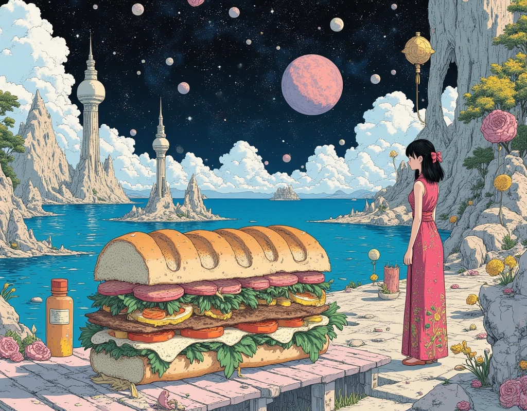 A large expanse of water in space, beautiful landscape. very beautiful gigantic huge realistic Banh mi op la. photogenic. focus Banh mi op la,close up gigantic Banh mi op la. Woman wearing beautiful ao-dai,Vietnamese Decoration