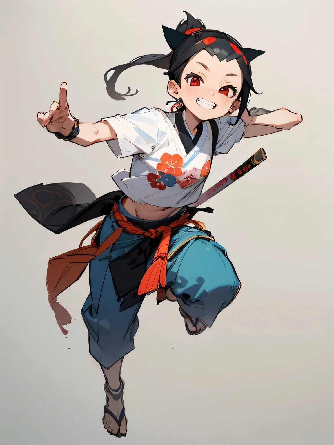 solo,fullbody,black ponytail,big forehead,red eyes,japanese headband,white t-shirts,(loincloth),action model pose,grin,white simple background,(ukiyo-e),(manga style),(sketch),(illustration),