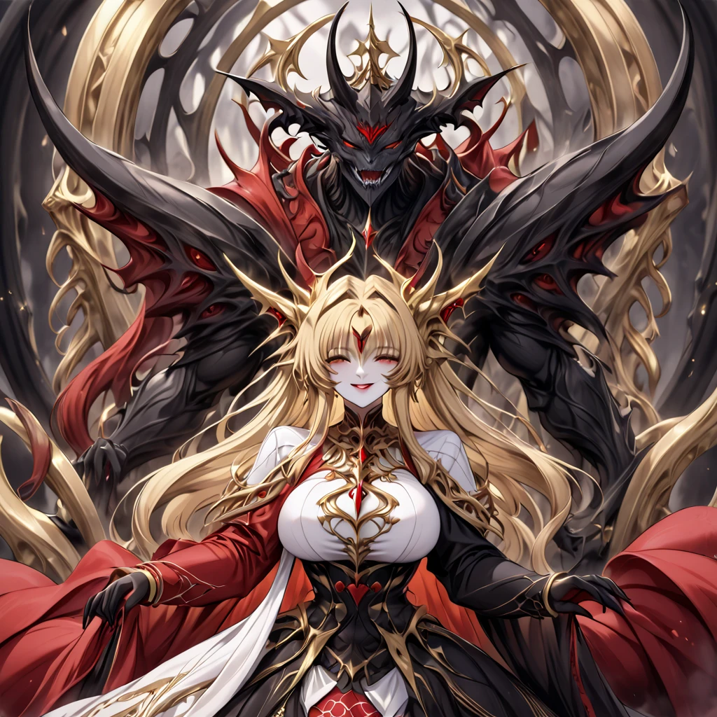 The woman who is pregnant with the  of the beloved Demon King and has a different body and soul, and is bound by a bond of soul love to become a devil who loves the demon king more than anything else is the beautiful demon queen, the devil's blonde Fate Testarossa, looks like a devil with the same unusual shape as the demon king and smiles gently on her beloved husband's demon king, and wears a gorgeous and evil demon dress by Queen Daima and is dressed with luxurious jewelry accessories, and is the wife of Daimao's wife, the ugly devil of the atypical king Always snuggle up to and love the demon king in the devil's temple, take good care of the body of the beloved wife who became pregnant by the evil demon king of the devil, kiss the couple and love each other, love each other, love each other, be loved by the ugly devil of the heteromorphic king, the woman will forever be the daima queen of the great devil's wife, and the birth of the devil's daimao queen and daima queen who love each other、(( best quality)), ((masterpiece)), ( Details), （ perfect face）,The woman is a blond Fate Testarossa with outstanding proportions, is the devil's possession, and is a symbol of devil worship as the devil's virgin, and is beautifully decorated, loved and worshipped by demons, giving hope to humans and despair 、The woman who became a demon as a wife to the demon queen of the great devil 