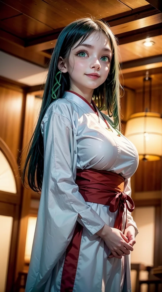 16k, highres, masterpiece, best quality, realistic, cinematic photo a very short girl, solo, (looking at viewer:1.2), high definition, 8K, detailed face, grabbing her breast, showing her breast,  (1girl, long dark green hair, (green eyes:1.5), red ribbon hair ornament, hairclip, medium breasts,,smile)), (( traditional white kimono, red sash, modest expression, shrine setting, wooden interior, soft lighting,))), luminous forest,((large breasts)), slim and thin, body of equal proportions, ((focus on her breast)), front view, four fingers and 1 thumb, ((2 hands)), Blonde hair, Beautiful smile, Smiling at viewer, blushing cheeks, (extremely detailed CG unity 4k wallpaper),(masterpiece),(best quality),(ultra-detailed),(best illustration),(best shadow),(absurdres),(detailed background), 

