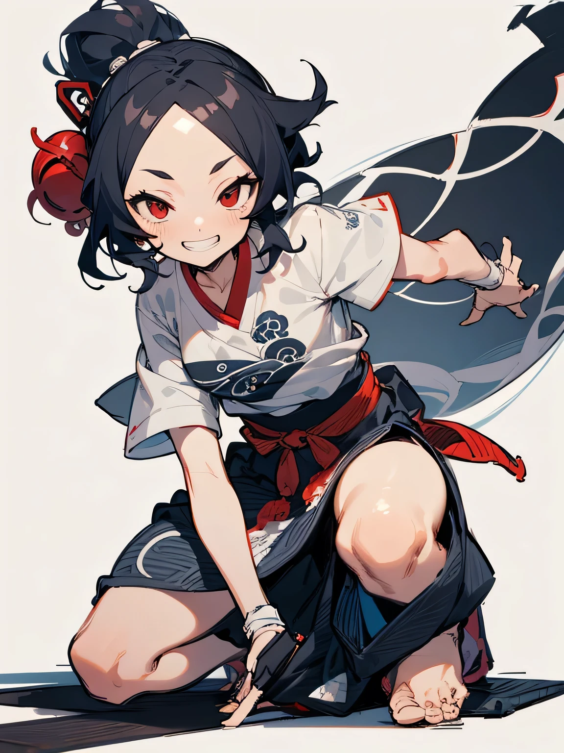 Alone,fullbody,black ponytail,big forehead,red eyes,japanese headband,white t-shirts,(loincloth),action model pose,grin,white simple background,Katsushika Hokusai,katsushikahokusai,(ukiyo-e style),(sketch),(illustration),