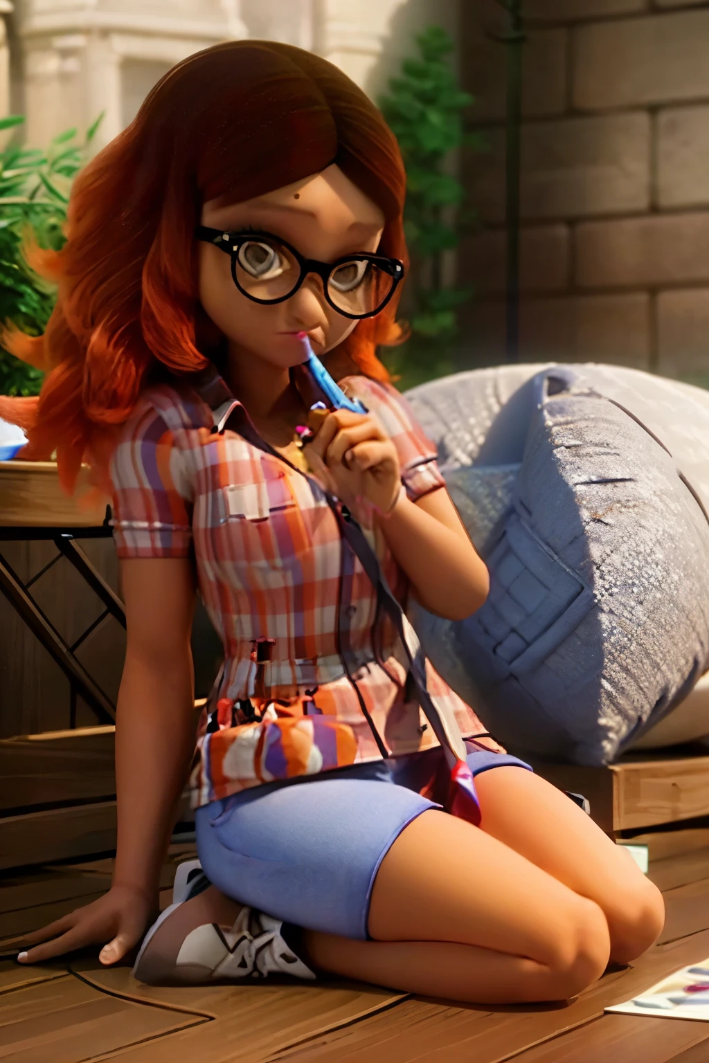 <lora:Miniature_People_-_By_DICE-000006:1.0> img, nerdy (miniature woman), Writing a Research Paper, backlit