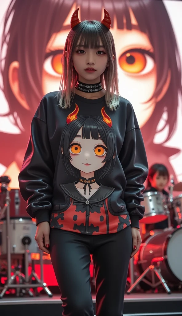 She is wearing a Tee with a large print of her favorite cute black devil girl, ultra-realistic, photorealistic, dramatic scene, shadow, global-illumination, solo, (20 years old Japanese famous idol girl but punk rock guitarist:1.5), very beautiful but cool Japanese girl, very beautiful cute but boyish cool face, she is wearing punk rock outfits with very realistic smiled Chibi-anime-devil-black-girl printed Tee, the chibi-anime-devil-black-girl that printed on her Tee is 1girl\(dark black devil,cute,big eyes,large circle eyes,black skin,evil smile,long nail,orange eyes, vivid orange eyes, dark black skin, looking down,wearing capelet\(big,long,Tattered\), backlit,full body\), she is wearing accessories, leather choker, leather jacket, she is playing the guitar at the stage of the rock concert, the drummer girl is playing the drum behind her, The giant screen behind her shows a cute Devil Girl that matches her T-shirt, spot lighting, professional lighting, 