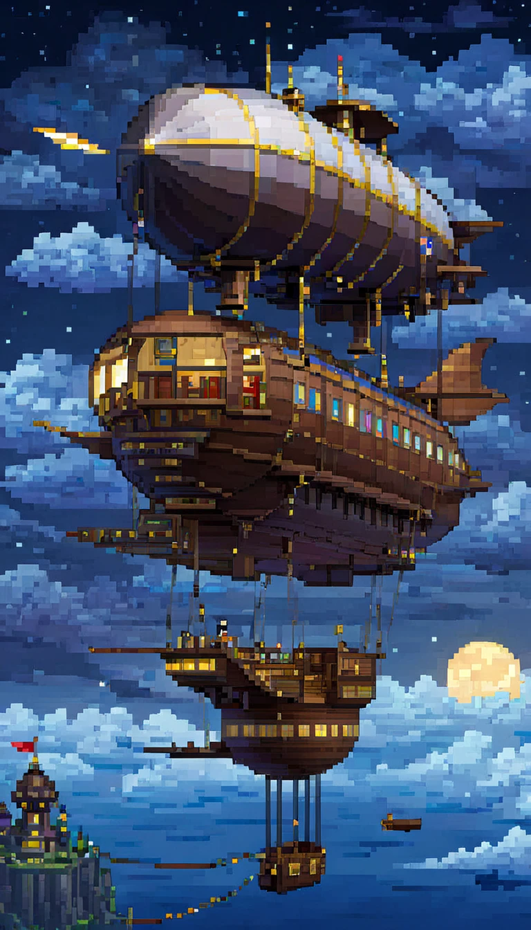 pixel art, ((1 a airship fantasy)), night, clouds, stars, (sky), top down view