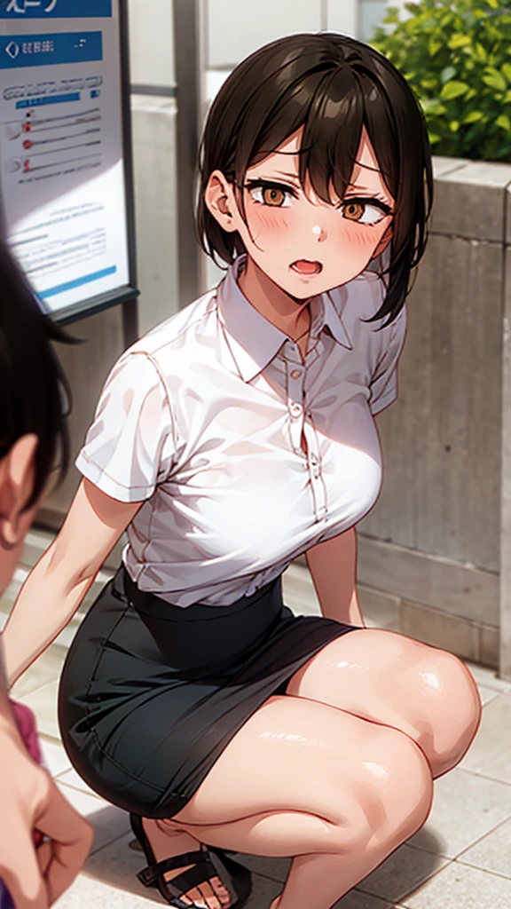 Stairs in the background,masterpiece,Highest quality,High resolution,Anatomically correct,business suit,Short Sleeve Button Down Shirt,Pencil Skirt,Sweat,barefoot,Glowing Skin,blush,ahegao,Forehead,Bob,ID card,vibrator,5 male :2.0,,male,Surrounded:2.0、(natsumi kurobe),  blush,  open her mouth , tongue, tongueを出す, saliva,  frowns,  and I'm drooling, Slanted Eyes,  rough breathing,  frowns, saliva糸引き, Eye Ring, 