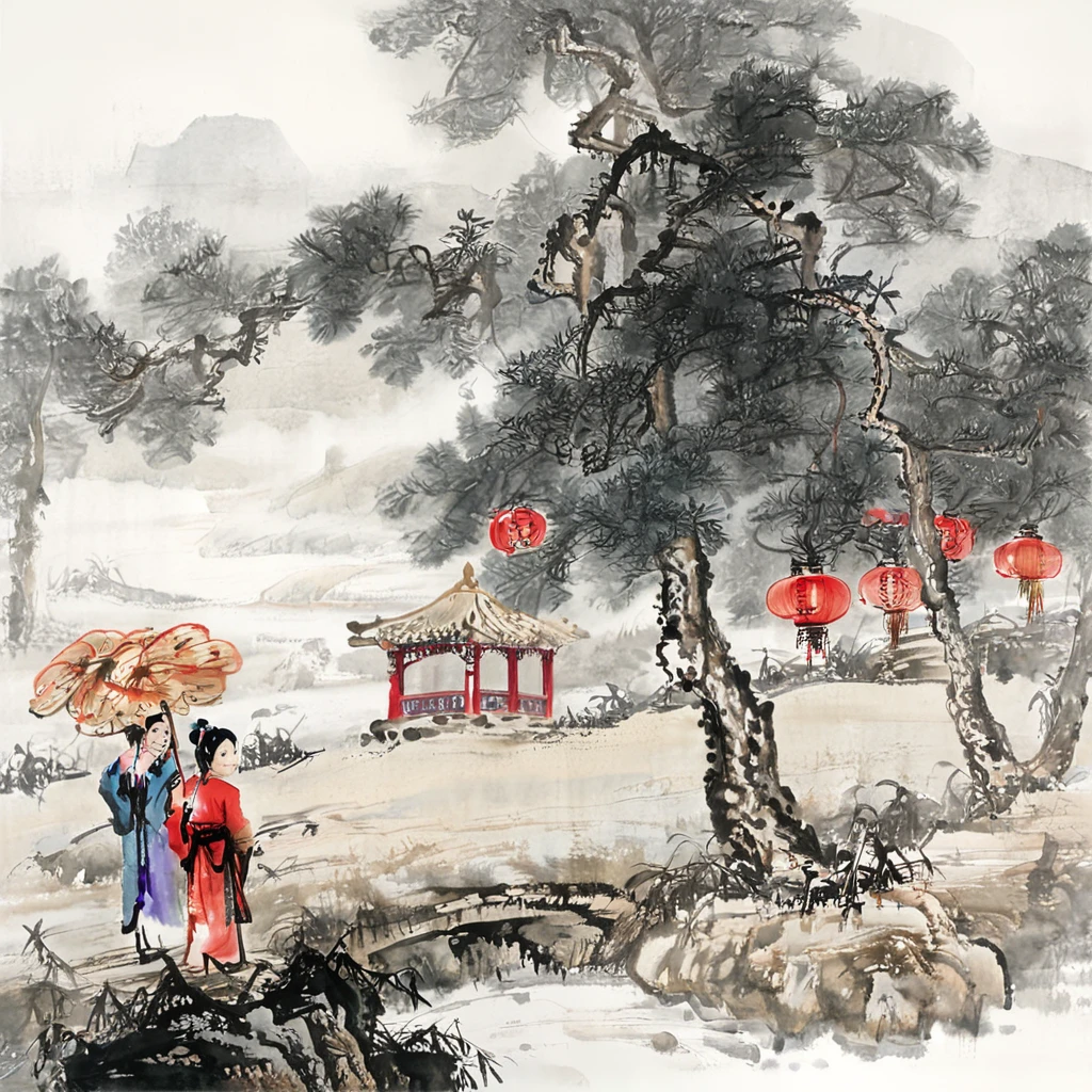 surrealist art Chinese painting,Ink Painting，ink wash painting，ink water，Gugong , Happy New Year scene in rural northern China ， 3 people are installing a row of red lanterns ， adding a festive atmosphere 。 There are 2 people walking by the side of the road with umbrellas ， has 3 kids in gorgeous costumes playing under a red lantern， Strong New Year atmosphere 。 The background is thick fog enveloping a big tree ，Dense branches ， and thick frost ,Snowy， traditional Chinese brushwork ， official art ，（ Large areas of white ，One-third composition ：1：3），羊皮纸水彩Ink Painting，Minimalism，Beige gray ，Rice paper texture， Very high resolution details, Extremely Realistic ,Fine texture, Incredibly realistic 