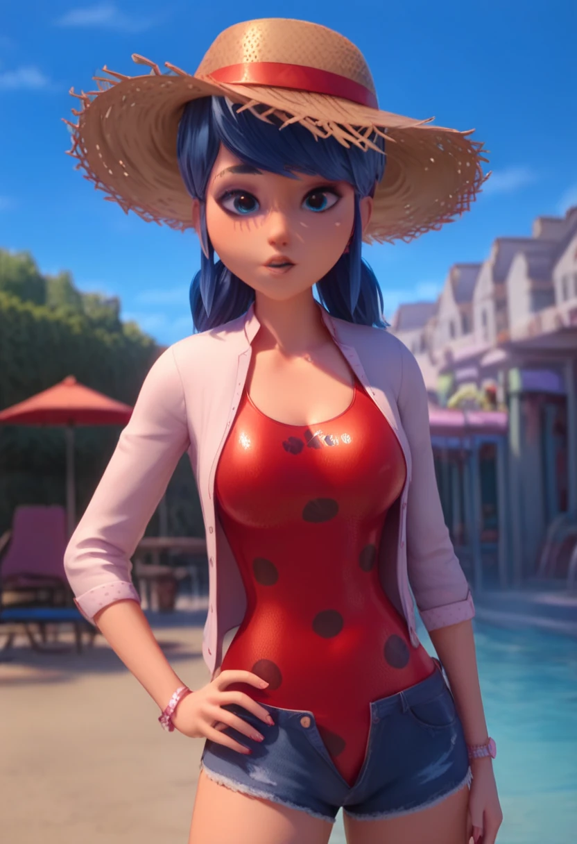 1girls blue hair red one-piece swimsuit red swimsuit breasts denim shorts female female only fully clothed hand on hip hat large breasts long hair looking at viewer model pose one-piece swimsuit open fly blue eyes short shorts shorts straw hat swimsuit swimsuit under clothes unbuttoned shorts Marinette 