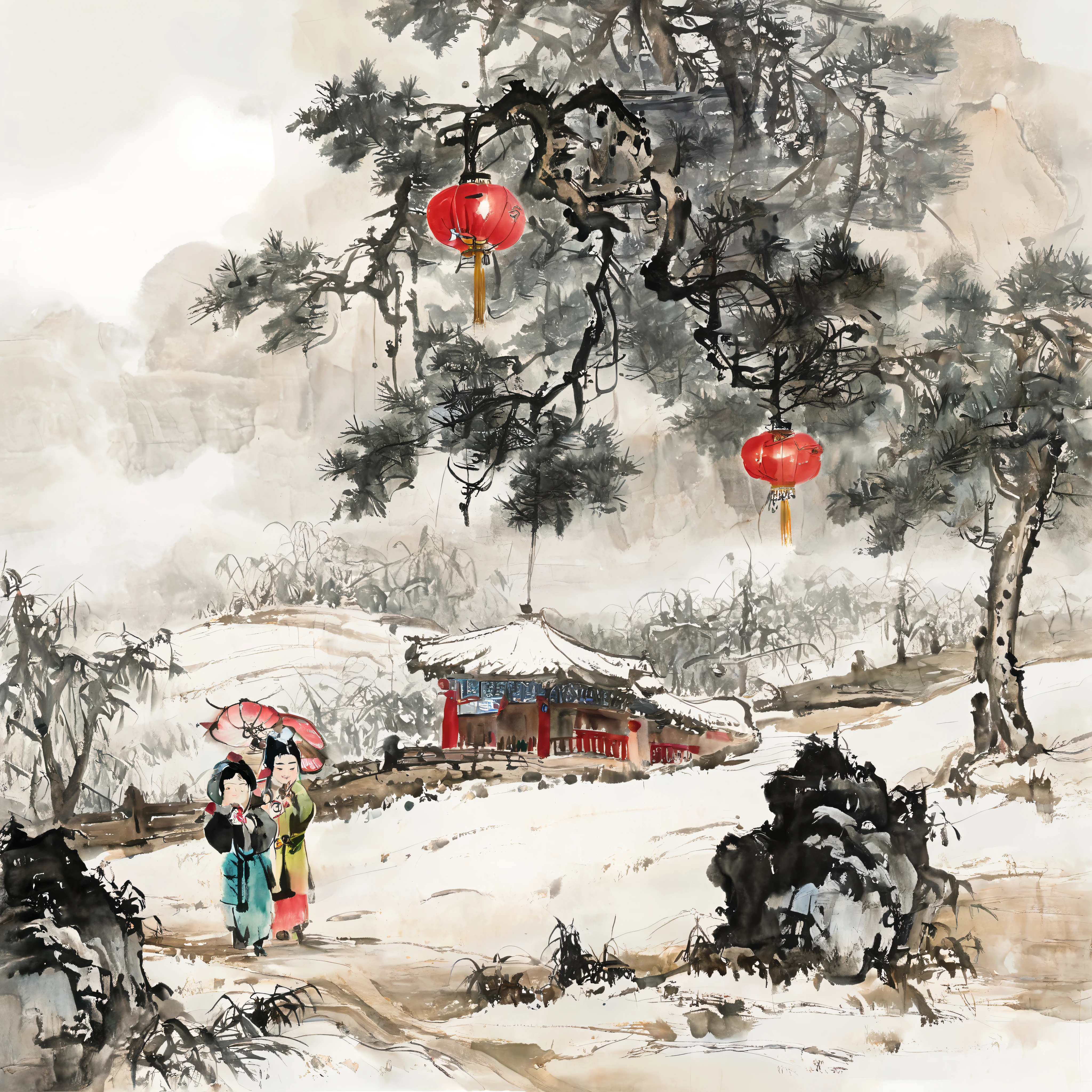 surrealist art Chinese painting,Ink Painting，ink wash painting，ink water， Happy New Year scene in rural northern China ， 3 people are installing a row of red lanterns ， adding a festive atmosphere 。 There are 2 people walking by the side of the road with umbrellas ， There are 3 children in colorful costumes playing under the red lanterns， Strong New Year atmosphere 。 The background is thick fog enveloping a big tree ，Dense branches ， and thick frost ,Snowy， traditional Chinese brushwork ， official art ，（ Large areas of white ，One-third composition ：1：3），羊皮纸水彩Ink Painting，minimalism，beige gray ，Rice paper texture， Very high resolution details, Extremely Realistic ,Fine texture, Incredibly realistic 