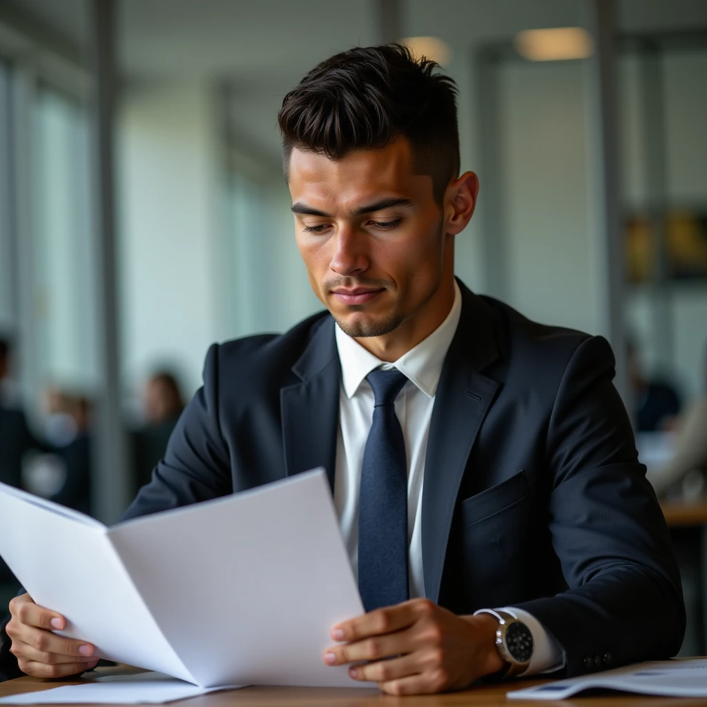 Ronaldo in a suit, small head, extremely detailed skin, reading documents at office, blurred background.