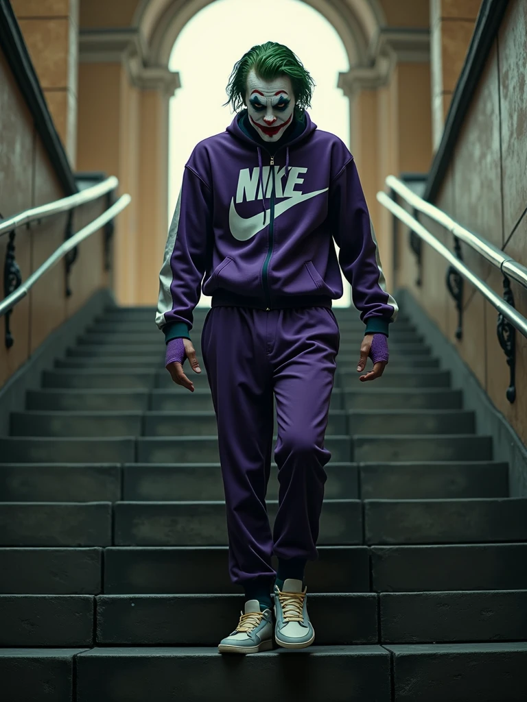Create the Joker with a Nike sweatshirt and a bandana covering the face from the nose to the mouth in 3D