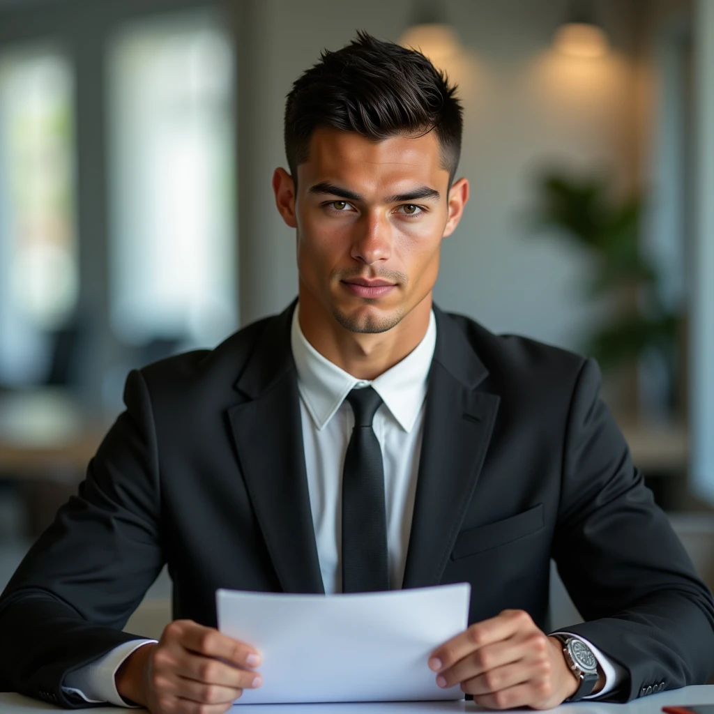 Ronaldo in a suit, small head, extremely detailed skin, reading documents at office, blurred background.