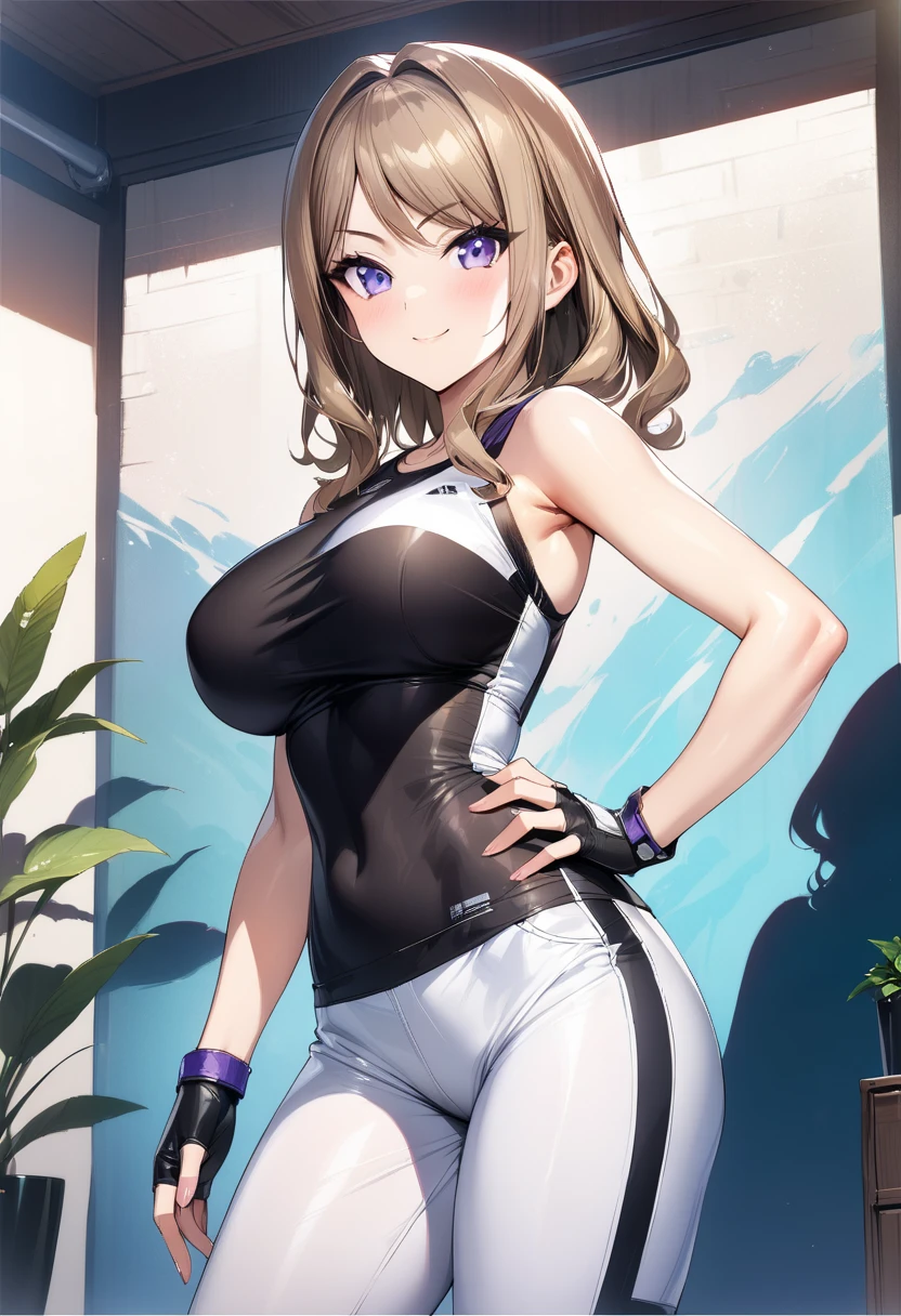 suminoe_shion, light brown hair, purple eyes, large breasts, bangs, black shirt, black sportswear, bare shoulder, knee guard, fingerless gloves, white pants, smile, standing, from the front, cowboy shot, hand on hips, (masterpiece),(best quality),(ultra-detailed),(best illustration),(best shadow),(absurdres),(detailed background),(very aesthetic),