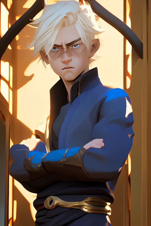 Boy,  blond hair ,  blue eyes, Arcane series style , deep color,  detailed , Kind, calm look,  medium length hair , Arcane series,  golden hair, relaxed, noble, happy