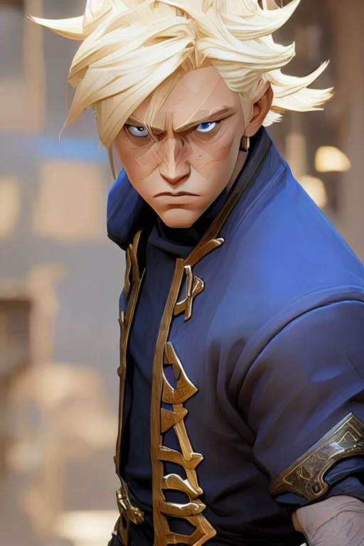 Boy,  blond hair ,  blue eyes, Arcane series style , deep color,  detailed , Kind, calm look,  medium length hair , Arcane series,  golden hair, relaxed, noble, happy