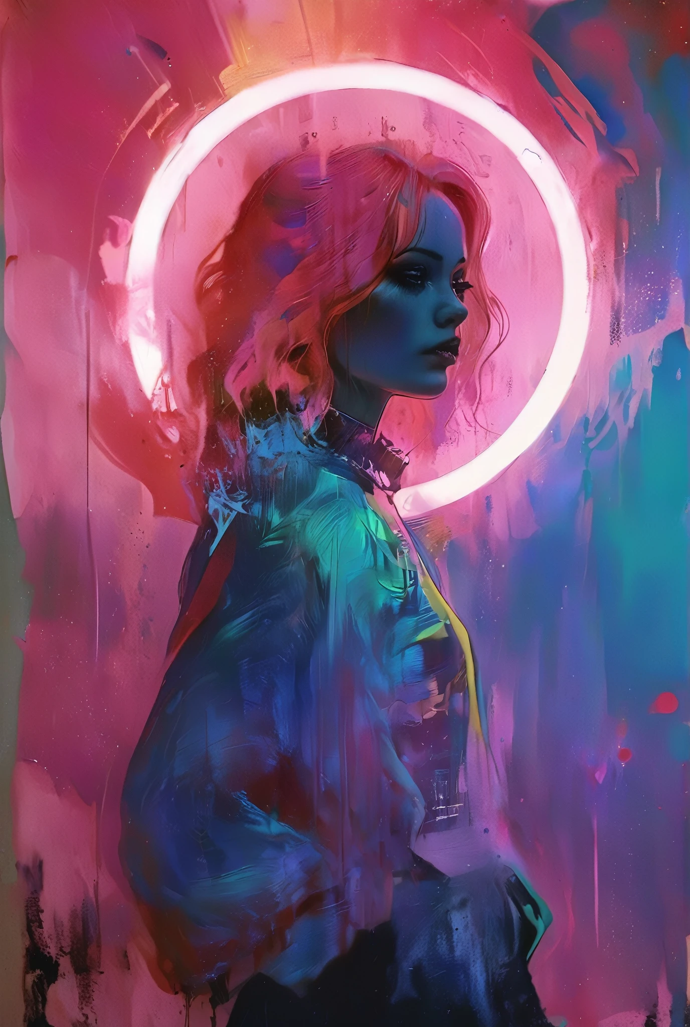 In a mesmerizing oil painting, a mysterious figure emerges from a haze of swirling colors. Their retro attire shines with metallic accents, while vibrant neon lights illuminate their expressionless face. The composition exudes nostalgia and intrigue, leaving viewers longing for a forgotten era. the gardens of sound made out of ral-hlgrphic,( hyperrealistic art breathtaking a lineart (vibrant alcohol ink sketch). [magnificent faetastic , , intriguing weirdness, color schemes extravaganza, mystery of darkness, unusual natural aesthetics, glossy].