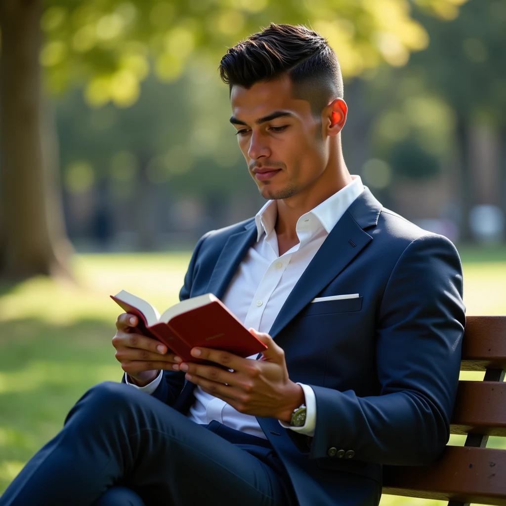 Ronaldo in a suit, small head, extremely detailed skin, reading book on park bench, blurred background.