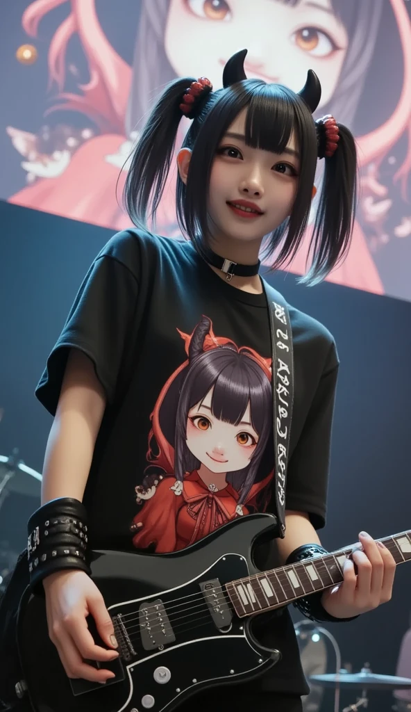 She is wearing a Tee with a large print of her favorite cute black devil girl, ultra-realistic, photorealistic, dramatic scene, shadow, global-illumination, solo, (20 years old Japanese famous idol girl but punk rock guitarist:1.5), very beautiful but cool Japanese girl, very beautiful cute but boyish cool face, she is wearing punk rock outfits with very realistic smiled Chibi-anime-devil-black-girl printed Tee, the chibi-anime-devil-black-girl that printed on her Tee is 1girl\(dark black devil,cute,big eyes,large circle eyes,black skin,evil smile,long nail,orange eyes, vivid orange eyes, dark black skin, looking down,wearing capelet\(big,long,Tattered\), backlit,full body\), she is wearing accessories, leather choker, leather jacket, she is playing the guitar at the stage of the rock concert, the drummer girl is playing the drum behind her, The giant screen behind her shows a cute Devil Girl that matches her T-shirt, spot lighting, professional lighting, microphone