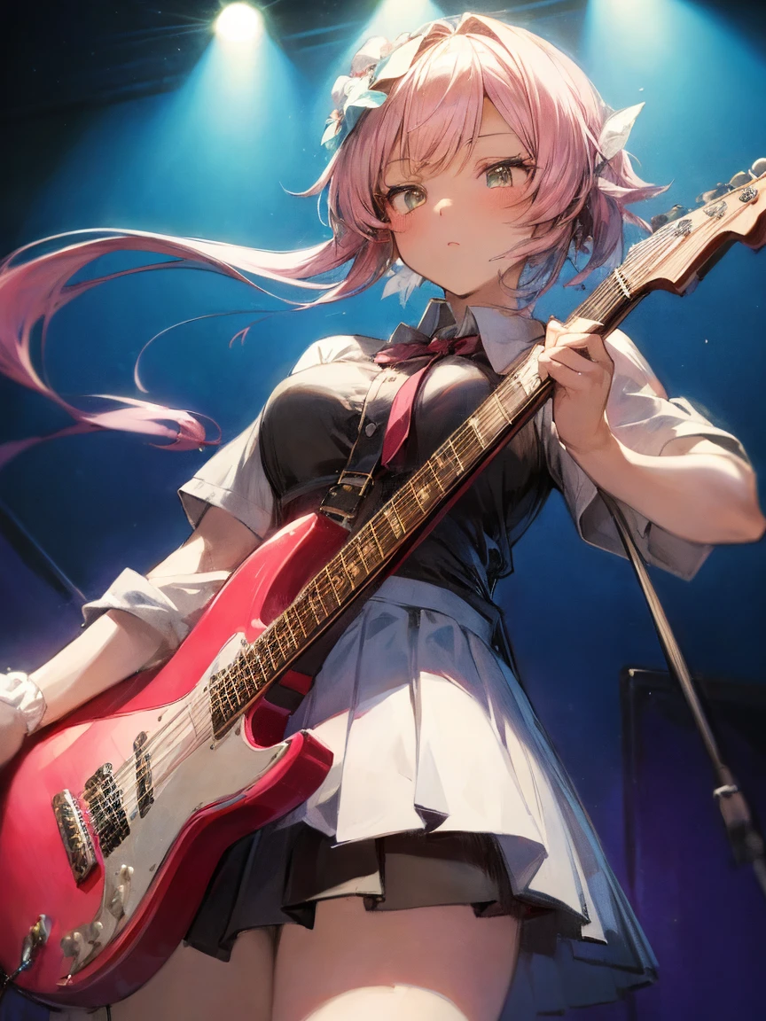 (masterpiece, highest quality:1.2)、(1 girl))、(Guitar Heroine)、(Concert Hall) , (Playing on electric guitar) , (guitarist)  ,  (eyes half closed), Wedding ring on ring finger , The body shakes violently、[:(detailed face:1.2):0.2], ((pink twin-tail hairstyle)) , Big breasts  , (Summer high school uniform) , from below
