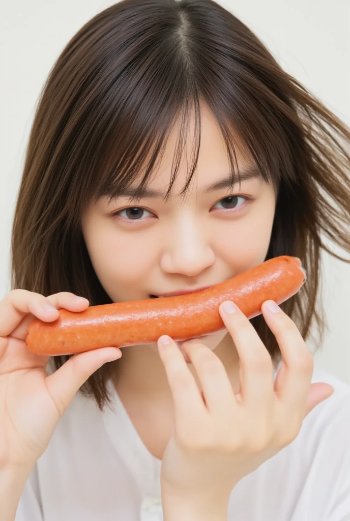 realism, realistic, photo-realistic, masterpiece, best quality, intricate details, extremely detailed, cinematic lighting, solo, a Japanese mature, (eating a huge sausage, shovel a long sausage into mouth, fully open mouth:1.33), dark hair, (short bob hair), cute face, extremely detailed face, beautiful detailed eyes, beautiful pupils, sophisticated nose, pale skin, fine-textured skin, sweaty, shiny skin, photo background, indoors, home, 