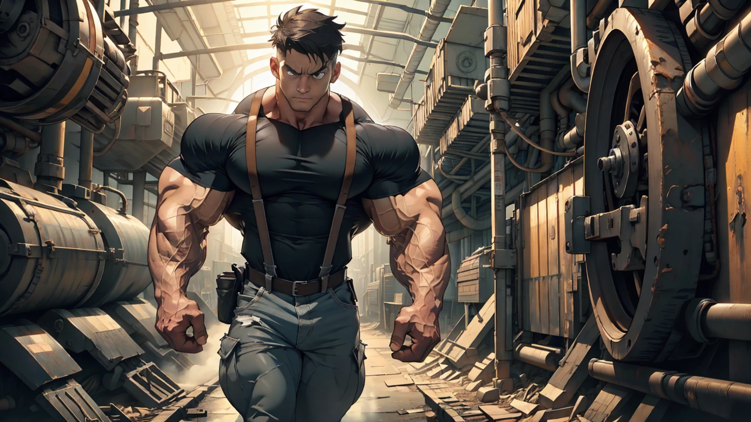 (masterpiece),  best quality, 's expressive eyes , (((Iris))), perfect face, (((((1 male))))), 24 years old, Muscle Man,  bodybuilder ,  Black T Shirt , pants,  suspenders, Factory equipment ,  full scene ，脫掉 suspenders褲，Scenery like a scene from a deep movie， where you grip an iron bar and twist it in a U shape， dust glasses ,get angry
