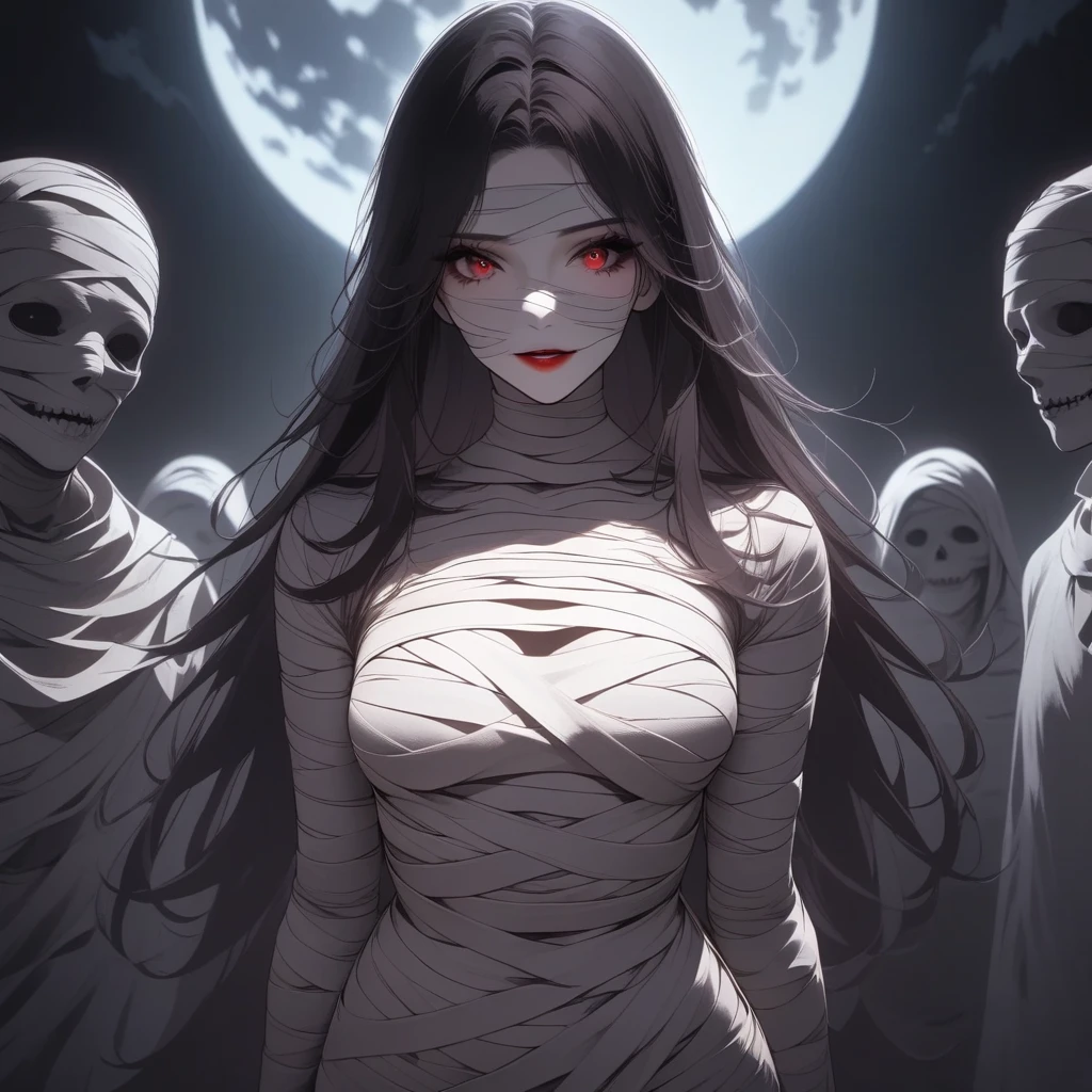 (masterpiece, best quality:1.2), 1 beautiful girl, detailed eyes, detailed lips,detailed face and skin, long eyelashes, solo, mummy, bandage, creepy, standing, looking at viewer, straight-on, graveyard, full moon, night, Halloween, dark, moody, atmospheric, cinematic lighting, dramatic shadows, surreal, horror, mystery