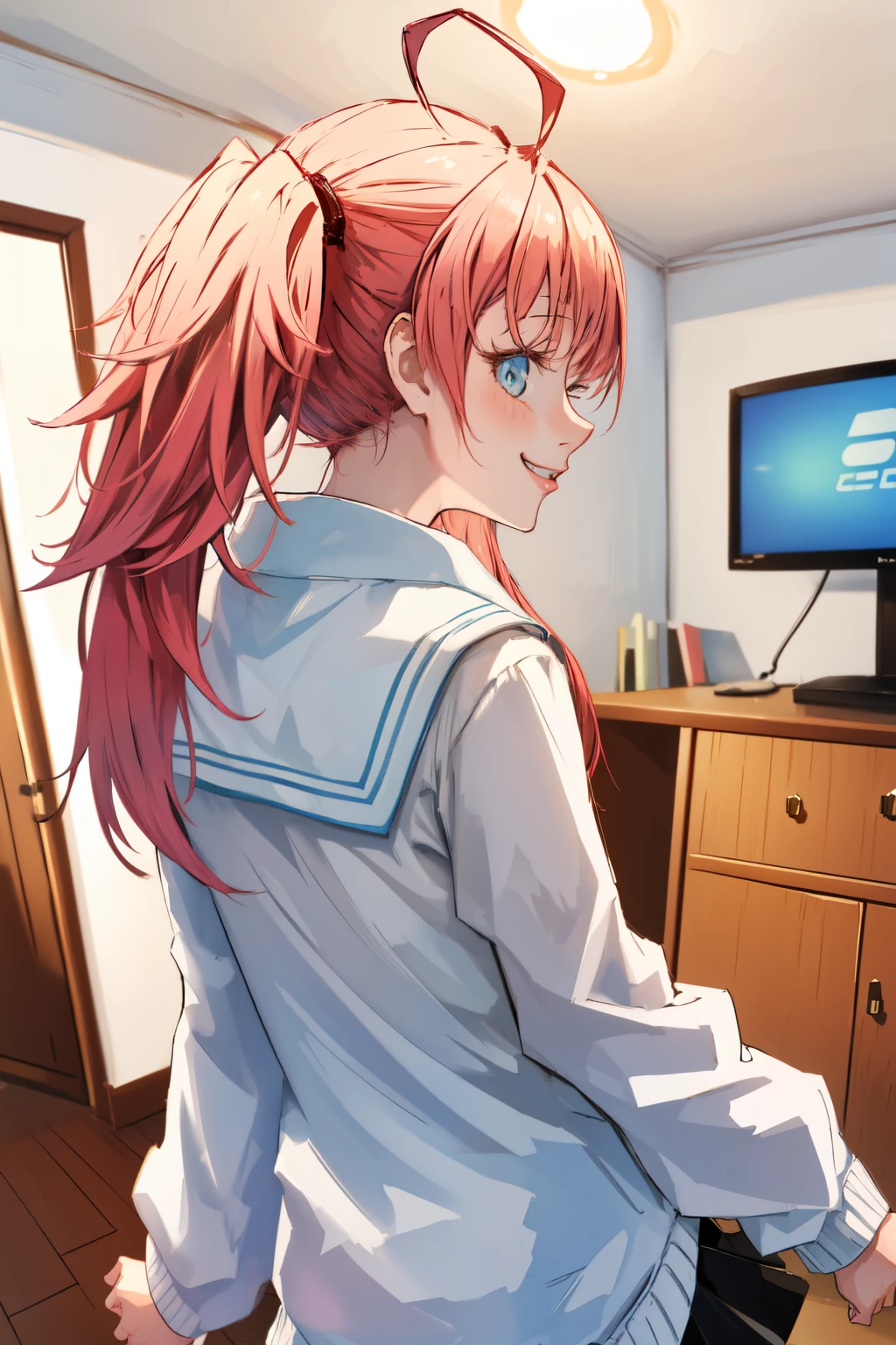 masterpiece, best quality,, high definition , smiles lightly,
1 girl , rnd1, Deep Blue, half twin tail, long hair, sailor suit , ( white cardigan:1.2), on the floor ,
(Background of a room with a computer:1.4),( upper body, from behind:1.6), Looking Back