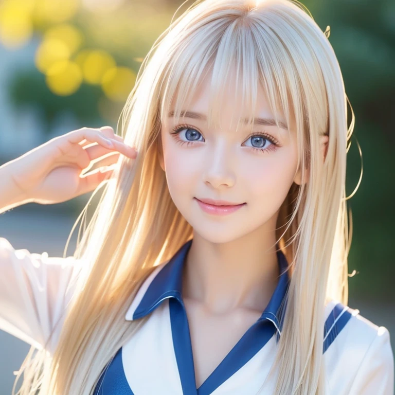  portrait、 cheerleader uniform、 open shirt 、 Gentle Expression 、young、 shiny、radiant white shiny skin 、Ultimate beauty、The ultimate beauty、The most beautiful bright 、 beautiful platinum blonde hair jumping back、 super long silky straight hair、 cleavage、 shiny、Beautiful bangs、big、 very bright sparkling light blue eyes 、 transparent and charming very beautiful very adorable cute  baby faced girl、 Sufficient Bust 、The beauty of a small face、Round face、bangs、Bangs between the eyes、 very long hair 、 hair to hide one eye、 Shiny hair、 straight hair、Eye hair、 too much hair 、